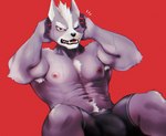 abs anthro armpit_hair big_pecs black_nose bodily_fluids body_hair boxer_briefs bulge clothing detailed_bulge exercise fangs fur genital_outline grey_body grey_fur hands_behind_head kemono looking_at_viewer male multicolored_body multicolored_fur muscular muscular_anthro muscular_male nipples pecs penis_outline red_background red_eyes simple_background sit-up solo sweat sweatdrop teeth two_tone_body two_tone_fur underwear white_body white_fur workout k0bit0wani nintendo star_fox wolf_o'donnell canid canine canis mammal wolf hi_res