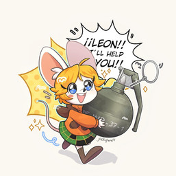 alternate_species anthro blonde_hair blue_eyes blush clothing explosives female fur furrification grenade hair orange_clothing orange_sweater orange_topwear semi-anthro solo sweater text topwear weapon white_body white_fur jackysmot capcom resident_evil ashley_graham moushley house_mouse mammal mouse murid murine rodent 2023 english_text hi_res