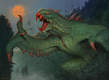 ambiguous_gender bodily_fluids claws feral green_body green_scales hedge moon night outside plant red_claws red_teeth saliva scales shrub solo teeth text john_tedrick hasbro magic:_the_gathering mythology wizards_of_the_coast dragon mythological_creature mythological_scalie scalie 2023 absurd_res english_text hi_res official_art