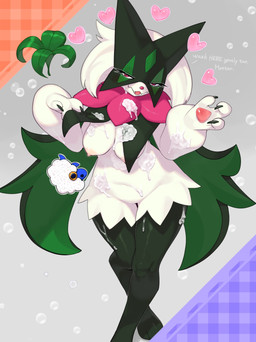 anthro areola bath biped bodily_fluids breasts cum featureless_crotch female fur genital_fluids green_body green_fur heart_symbol inviting looking_at_viewer looking_back looking_back_at_viewer master medium_breasts naughty_face nipples solo text kame_3 nintendo pokemon felid feline generation_9_pokemon mammal meowscarada pokemon_(species) absurd_res english_text hi_res