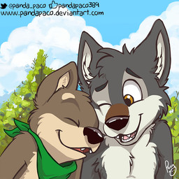 anthro anthro_on_anthro black_nose blue_sky brown_body brown_fur cheek_tuft chest_tuft cuddling duo eyes_closed facial_tuft fangs front_view fur glistening glistening_eyes green_kerchief green_neckerchief grey_body grey_fur head_tuft kerchief male male/male neckerchief neckwear nude one_eye_closed open_mouth open_smile orange_eyes outside pink_nose plant sky smile tan_body tan_fur teeth tree tuft white_body white_fur young young_anthro young_male pandapaco canid canine mammal 1:1
