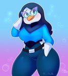 anthro beak belt big_breasts blue_background blue_bottomwear blue_clothing blue_eyes blue_hair blue_pants blue_topwear blush bottomwear breasts clothed clothing eyewear feathers female glasses gloves hair handwear long_hair looking_at_viewer pants pink_background simple_background smile solo thick_thighs topwear white_body white_clothing white_feathers white_gloves white_handwear wide_hips paeonypetals doodle_(paeonypetals) avian bird penguin absurd_res hi_res