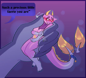 anthro blue_body blue_ears blue_paws blush blush_lines breasts dewlap_(anatomy) dialogue dragon_paws duo extreme_size_difference featureless_breasts female first_person_view fluffy fluffy_ears flustered fur gentle_giant handheld handheld_micro horn larger_male looking_away macro male male/female markings micro multicolored_body multicolored_fur onomatopoeia pink_body pink_fur purple_body purple_fur romantic romantic_couple scratching_head shrunk size_difference smaller_female sound_effects speech_bubble tail tail_motion tailwag text two_tone_body yellow_eyes yellow_horn posmehdakota mythology drak_(digitalscales) petal_(dapperhedgehog) dragon eastern_dragon fairy_dragon furred_dragon furred_scalie lizard mythological_creature mythological_scalie reptile scalie english_text hi_res
