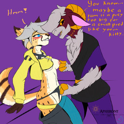 anthro big_dom_small_sub bite biting_lip blush clothed clothing clothing_pull dialogue dirty_talk dominant duo female frontal_wedgie male male/female nipple_fetish nipple_pinch nipple_play nipples no_bra pinch raised_clothing raised_topwear size_difference species_play speciesism text topwear topwear_up underwear underwear_pull wedgie apheront rami_(apheront) rayza_alvares_(nyxthechee) bovid canid canine caprine cheetah felid feline fox hybrid mammal sheep 1:1 absurd_res english_text hi_res