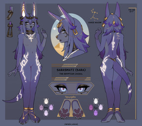 4_toes 5_fingers anthro biped blue_eyes breasts butt claws ear_piercing feet female finger_claws fingers front_view fur hair navel nude nude_anthro nude_female open_mouth piercing purple_body purple_fur purple_hair purple_tail rear_view small_breasts solo standing tail text toe_claws toes spuydjeks canid canine canis jackal mammal 2026 absurd_res digital_drawing_(artwork) digital_media_(artwork) english_text hi_res model_sheet