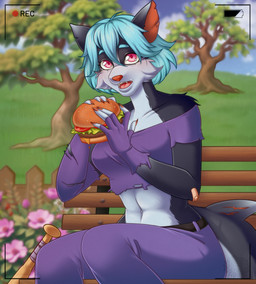 anthro athletic band-aid bandage belt bench blue_hair bob_cut bottomwear burger clothing eating fast_food female fingerless_gloves food fur gloves hair handwear long_nails multicolored_body multicolored_fur notched_ear outside pants park photo pink_eyes plant scar shark_tail solo topwear torn_clothing tree chrysanthemummy celtic_mythology european_mythology mythology aquatic bat domestic_cat felid feline felis fish hybrid mammal mixed_breed mythological_creature mythological_marine selkie shark hi_res