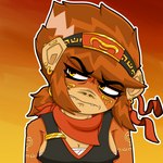 annoyed anthro breasts cleavage clothed clothing crooked_teeth female gold_(metal) hair kerchief piercing ponytail solo weirdkoaladream kim_liu_kong_(weirdkoaladream) haplorhine mammal monkey primate 1:1 hi_res