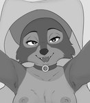 2024 ambiguous_gender ambiguous_pov anthro bodily_fluids breasts canid canine disney female first_person_view fox greyscale haaru headdress heart_eyes heart_symbol jewelry looking_at_viewer maid_marian mammal monochrome necklace nipples red_fox robin_hood_(disney) saliva saliva_string solo true_fox