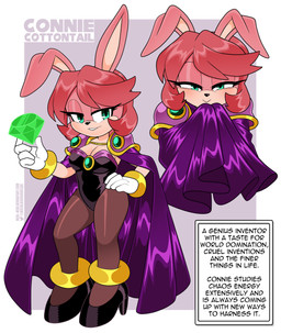 5_fingers anklet anthro bracelet breasts cape chaos_emerald cleavage clothed clothing female fingers footwear fur gem glistening glistening_clothing gloves gold_(metal) gold_anklet gold_bracelet gold_jewelry green_eyes green_gem hair handwear high_heels holding_gem holding_object jewelry legwear leotard multiple_poses pantyhose pink_body pink_fur pink_hair pose purple_cape purple_clothing shoes silk solo strapless_clothing strapless_leotard text white_clothing white_gloves white_handwear nico_neko sega sonic_the_hedgehog_(series) connie_cottontail_(nico_neko) fan_character lagomorph leporid mammal rabbit 2026 absurd_res english_text hi_res