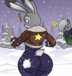 anthro big_butt blue_eyes bubble_butt butt butt_pose cheek_tuft clothing coat duo facial_tuft female forest fur grey_body grey_fur handwear humor jacket mittens plant pose purple_eyes scarf sheriff_star smack snow snowball snowball_fight snowing solo_focus standing surprise tight_clothing topwear tree tuft wide_hips winter hayakain disney zootopia judy_hopps tasha_(hayakain) domestic_cat felid feline felis lagomorph leporid mammal rabbit