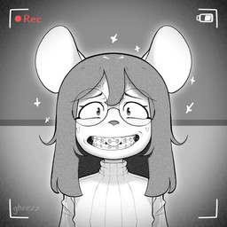 anthro bodily_fluids braces buckteeth camera clenched_teeth clothing eyewear female glasses nervous nervous_smile recording sparkles sweat sweatdrop sweater teeth topwear vignette young young_anthro young_female gheezz brie_(gheezz) mammal mouse murid murine rodent 1:1 absurd_res halftone hi_res monochrome signature