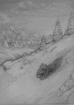 ambiguous_gender anthro clothed clothing day detailed_background duo outside sky sled sledding smile snow snowskau komac_(snowskau) tsuora_(snowskau) elemental_creature felid mammal tetton 2020 digital_media_(artwork) greyscale hi_res monochrome