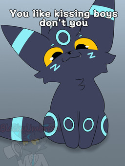 ambiguous_gender black_body black_fur blue_highlights blush dialogue feral fur highlights_(coloring) simple_background simple_coloring smug text yellow_eyes blackyumbreon boy_kisser_(meme) nintendo pokemon fan_character canid eeveelution generation_2_pokemon mammal pokemon_(species) shiny_pokemon umbreon 3:4 absurd_res digital_drawing_(artwork) digital_media_(artwork) distracting_watermark english_text hi_res meme watermark