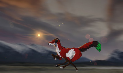 black_ears black_nose black_sclera blurred_background desert dipstick_tail feral feralized fur gloves_(marking) green_eyes green_tail_tip leg_markings male markings quadruped red_body red_fur running socks_(marking) solo sun tail tail_markings buns_with_cinnamon victor_johansen canid canine fox mammal 2020 5:3 absurd_res hi_res