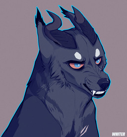 ambiguous_gender black_nose blue_eyes blue_pupils fangs feral fur grey_background grey_body grey_fur grey_horn horn narrowed_eyes pupils red_sclera sharp_teeth simple_background solo teeth unknowhiter canid canine mammal 2015 bust_portrait portrait