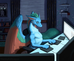 chair computer computer_keyboard electronics eyewear feathered_wings feathers feral fur furniture glasses male wings thejoyfuldragon mythology dragon mythological_creature mythological_scalie scalie hi_res