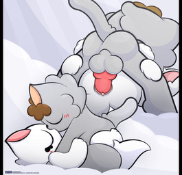 animal_genitalia animal_penis anthro balls blush canine_genitalia canine_penis cloud duo female female_on_bottom fur genitals grey_body grey_fur kissing lying male male/female male_on_top on_back on_bottom on_top penis rear_view side_view vaginal vulva white_body white_fur freddieindaboxx catgod tiberius_magnus domestic_cat felid feline felis mammal 2026 absurd_res hi_res