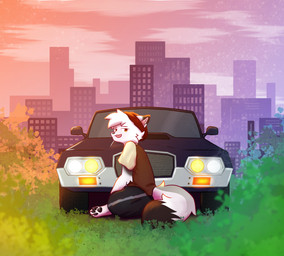 anthro beanie black_body black_bottomwear black_clothing black_pants black_pawpads bottomwear brown_clothing brown_eyes brown_topwear building car city city_background clothed clothing cloud detailed_background feet fluffy fur grass grey_body grey_fur hair hat headgear headwear looking_at_viewer looking_back male male_anthro markings multicolored_tail open_mouth outside pants pawpads paws plant red_clothing red_eyes shirt shrub sitting sky smile solo sunset tail tail_markings toes topwear tuft vehicle white_body white_fur white_hair neo_arts dude_(dudeanon) canid canine canis mammal wolf absurd_res detailed digital_media_(artwork) hi_res shaded