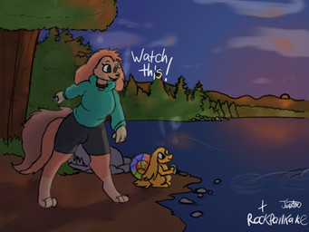 clothed clothing collar dialogue female fur lake male orange_body orange_fur outside plant shell standing stone_skipping sunrise text tree mermaid_jupiter rockpankake ama_(rockpankake) dou canid canine mammal 2026 4:3 artist_collaboration digital_media_(artwork) english_text hi_res