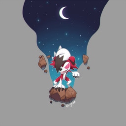 ambiguous_gender chibi claws hair moon night open_mouth open_smile red_body red_eyes rock smile solo white_body cjsux nintendo pokemon generation_7_pokemon lycanroc midnight_lycanroc pokemon_(species) 1:1 2016