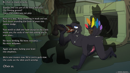 all_fours anal anal_penetration anthro balls beak blue_eyes bodily_fluids brainwashing claws cum cum_in_ass cum_in_mouth cum_inside cum_on_tongue cumshot cumshot_in_mouth degradation dialogue dirty_talk ejaculation erection faceless_character faceless_male feathers feet forced genital_fluids genitals group group_sex half-closed_eyes hand_on_head handjob humanoid_genitalia humanoid_penis hypnosis jewelry kneeling male male/male mind_control narrowed_eyes necklace nude open_mouth orgasm outside penetration penile penis precum profanity rape ruins sex sex_slave slave standing tail tail_grab talons tent text threesome toes tongue trio nx-42 asian_mythology east_asian_mythology japanese_mythology mythology avian bird canid canine canis corvid corvus_(genus) crow dinosaur dromaeosaurid mammal oscine passerine prehistoric_species reptile scalie tengu theropod velociraptor wolf yokai 16:9 english_text widescreen