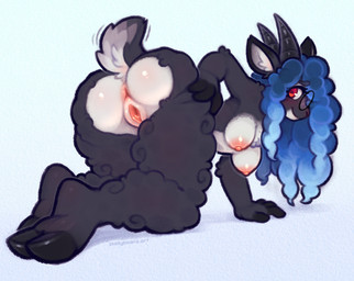 2_horns anthro anus black_body black_fur black_horn blue_hair breasts butt cloven_hooves curly_hair eyewear eyewear_only female fur genitals glasses glasses_only hair hooved_plantigrade hooved_toes hooves horn looking_at_viewer looking_back looking_back_at_viewer nude plantigrade presenting presenting_hindquarters red_eyes round_glasses short_tail smile solo tail tail_motion tailwag vulva wearing_glasses wool_(fur) skellybeanz serenity_(laggyb0i) bovid caprine mammal sheep absurd_res hi_res