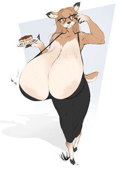 anthro areola areola_slip big_breasts breasts brown_body brown_fur brown_hair buckteeth cleavage clothed clothing dress eyewear female female_anthro freckled_breasts freckled_ears freckled_face freckled_shoulders freckles front_view fur geometric_background glasses hair hooves huge_breasts hyper hyper_breasts markings multicolored_body multicolored_fur simple_background smile solo spot_freckles spots spotted_body spotted_ears spotted_face spotted_fur spotted_markings spotted_shoulders tan_body tan_fur tan_spots teeth two_tone_body two_tone_fur wide_eyed dullvivid fiona_fawnbags_(dullvivid) deer mammal 2026 digital_media_(artwork) full-length_portrait hi_res portrait