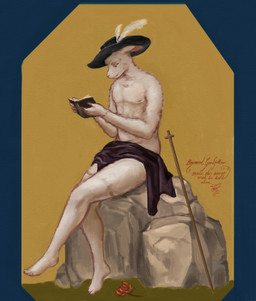 anthro book clothing covered_penis discarded_clothing fabric flower fur grass hat headgear headwear male partial_nudity plant reading rock shoeless simple_background solo text walking_stick white_body white_fur wool_(fur) yellow_background reynard_goodfellow bovid caprine mammal sheep full-length_portrait hi_res portrait signature