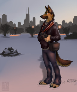 anthro biped building camera chicago city city_background claws clothed clothing fur male modern_architecture outside plant skyscraper smile snow solo standing tail tree winter vallhound canid canine canis domestic_dog german_shepherd herding_dog mammal pastoral_dog 2014 digital_media_(artwork) full-length_portrait hi_res portrait