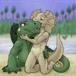 5_fingers andromorph anthro duo feral fingers genitals hug intersex kneeling nude outside pussy water young young_anthro smudge_proof dimetrodon lizard pelycosaur prehistoric_species reptile scalie sphenacodontid synapsid 1:1 hi_res