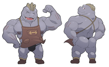apron bulge butt chibi clothing detailed_bulge male muscular muscular_humanoid muscular_male nipples pecs red_eyes solo maldu nintendo pokemon generation_1_pokemon humanoid machoke pokemon_(species) hi_res