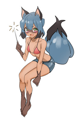 5_fingers anthro barefoot bikini bikini_top blue_body blue_eyes blue_fur blue_hair breasts brown_body brown_fur clothed clothing cute_fangs facial_markings fangs feet female fingers fluffy fluffy_tail fur gloves_(marking) hair happy head_markings holding_object leg_markings markings mask_(marking) multicolored_eyes navel open_mouth pink_eyes simple_background sitting socks_(marking) sparkler swimwear tail teeth two-piece_swimsuit kiritzugu brand_new_animal studio_trigger michiru_kagemori canid canine mammal raccoon_dog tanuki 2020 absurd_res hi_res