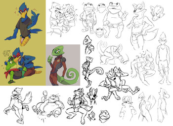 anthro belly big_belly biped black_clothing black_shirt black_topwear blue_body blue_feathers blush bottomless briefs bulge clothed clothing duo erection eye_patch eyewear feathers fur genitals green_body grope hat headgear headwear interspecies jumpsuit kerchief making_out male male/male neckerchief neckwear overweight penis red_body red_feathers red_kerchief red_neckerchief sex shirt smile solo topwear underwear flookz nintendo star_fox falco_lombardi leon_powalski slippy_toad wolf_o'donnell amphibian avian bird canid canine canis chameleon frog lizard mammal reptile scalie wolf 2022 absurd_res digital_media_(artwork) hi_res multiple_images