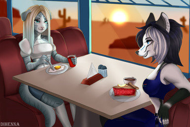 anthro black_hair blue_eyes breasts clothed clothing day dessert duo eyebrows eyelashes facial_piercing female food furgonomic_piercing furgonomics hair muzzle_piercing nose_piercing pastry pie piercing smile sun dihenna canid canine mammal 2021 digital_media_(artwork)