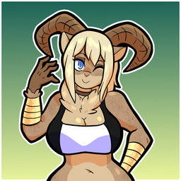 anthro big_breasts blonde_hair blue_eyes bracelet breasts brown_body choker clothing crop_top eyelashes female gradient_background hair horn jewelry navel necklace one_eye_closed shirt simple_background smile solo tank_top topwear isokilo bovid caprine goat mammal 1:1 colored hi_res shaded