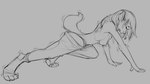 16:9 2019 all_fours anthro breasts canid canine clothed clothing digital_drawing_(artwork) digital_media_(artwork) eyes_closed female fox grey_background hair mammal monochrome nipples open_mouth simple_background sketch solo tail topless torn_clothing transformation watsup widescreen