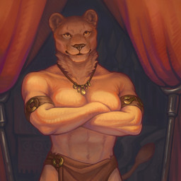 abs anthro armband breasts clothed clothing crossed_arms female fur jewelry medium_breasts muscular muscular_anthro muscular_female neck_tuft necklace solo tail tail_tuft tan_body tan_fur topless tuft yellow_eyes ulvvind felid lion mammal pantherine 1:1 2026 digital_media_(artwork) hi_res portrait three-quarter_portrait