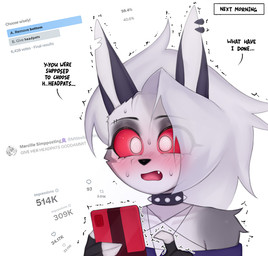 anthro armwear big_breasts black_eyeshadow blue_clothing blush blush_lines bodily_fluids breasts cellphone clothing collar ear_piercing electronics eyebrow_piercing eyelashes eyeshadow facial_piercing female female_anthro fingerless_gloves fur gloves grey_body grey_fur hair hair_over_eye handwear long_hair looking_at_object looking_at_phone makeup motion_lines navel nervous one_eye_obstructed phone piercing pupils red_sclera shaking simple_background smartphone solo spiked_collar spikes strip_game sweat sweatdrop text topwear white_background white_body white_fur white_hair white_pupils amadeen conditional_dnp hellaverse helluva_boss mythology strip_meme twitter loona_(helluva_boss) canid canid_demon canine demon hellhound mammal mythological_canine mythological_creature 2023 english_text