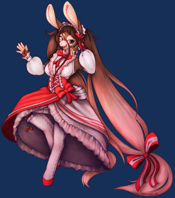 anthro biped black_background clothed clothed_anthro clothed_female clothing cosplay dress eyelashes female female_anthro hair long_hair looking_at_viewer open_mouth open_smile pigtails pose short_snout simple_background smile text three-quarter_view wave flophelia hare lagomorph leporid mammal rabbit alpha_channel artist_name digital_media_(artwork) digital_painting_(artwork) english_text full-length_portrait hi_res painting_(artwork) portrait shaded soft_shading
