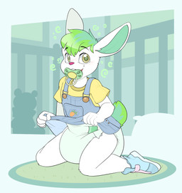 5_fingers ambiguous_gender anthro big_diaper blue_clothing blue_footwear blue_shoes blue_sneakers blush blush_lines border bottomwear buckteeth clean_diaper clothed clothing clothing_lift crib denim denim_bottomwear denim_clothing denim_overalls denim_skirt diaper fingers footwear fur green_diaper green_hair green_inner_ear green_pacifier green_tail hair hypnosis kneeling mind_control object_in_mouth open_mouth open_smile overalls pacifier pacifier_in_mouth pillow plushie scut_tail shirt shoes short_tail silhouette silhouette_background skirt skirt_lift smile sneakers solo spiral spiral_eyes tail teddy_bear teeth topwear wearing_diaper white_body white_border white_fur yellow_clothing yellow_shirt yellow_topwear bubblepuppers bailey_(baileythebnuoy) lagomorph leporid mammal rabbit absurd_res hi_res