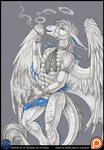 anthro blue_penis claws collar genitals knot looking_at_viewer male melee_weapon necktie penis smoking solo sword tail text weapon wings ultraviolet mythology azriel dragon mythological_creature mythological_scalie scalie 2014 url