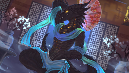 anthro black_body black_horn black_scales front_view hand_behind_head horn lamp lantern looking_at_viewer male male_anthro no_sclera orange_eyes pupils scales slit_pupils solo teeth vase yellow_pupils kuttoyaki mythology dragon mythological_creature mythological_scalie scalie 16:9 hi_res widescreen