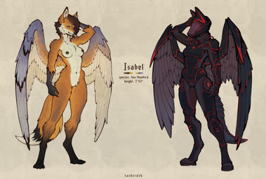 anthro armor armored_tail black_body black_fur black_nipples blue_body blue_feathers boots breasts brown_hair cheek_tuft chest_tuft claws clothing dark_nipples digitigrade facial_tuft fangs feathers female fluffy fluffy_tail footwear fur green_eyes hair headgear helmet nipples nude orange_body orange_feathers orange_fur paws pipe purple_body purple_feathers scaled_hands science_fiction shoes solo tail teeth text tube tuft white_body white_fur wings yellow_body yellow_fur tashiroth avian bird bluebird canid canine fox hybrid mammal oscine passerine thrush_(bird) absurd_res english_text hi_res model_sheet signature