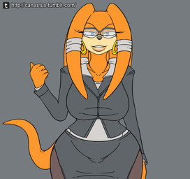 anthro bandage belly big_breasts blue_eyes bottomwear breasts business_suit clothed clothing dreadlocks ear_piercing ear_ring eyewear female fur furgonomics glasses legwear lips looking_at_viewer orange_body orange_fur overweight overweight_anthro overweight_female piercing pose ring_piercing secretary shirt skirt smile solo stockings suit tail tail_through_skirt thick_bottom_lip topwear wide_hipped_female wide_hips canastus capcom resident_evil sega sonic_adventure sonic_the_hedgehog_(series) sheva_alomar tikal_the_echidna echidna mammal monotreme alternate_version_at_source flat_colors pinup