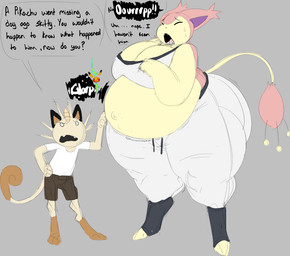 after_vore anthro belly big_belly big_breasts breasts digestion female female_pred grey_background group male overweight simple_background size_difference text trio vore dongwongtang nintendo pokemon generation_1_pokemon generation_3_pokemon meowth pokemon_(species) skitty 2017 english_text