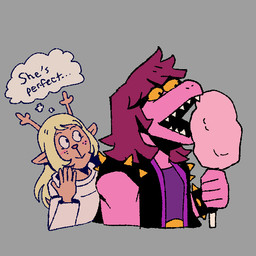 5_fingers :> :v admiring anthro antlers armband bare_shoulders black_clothing black_jacket black_topwear blonde_hair blush blush_stickers bracelet brown_body candy clothing cotton_candy dessert duo female fingers food freckles grey_background hair holding_food holding_object horn imminent_bite jacket jewelry looking_at_another looking_at_food looking_at_object muscular muscular_arms open_mouth pink_body purple_clothing purple_hair purple_shirt purple_topwear red_nose robe sharp_teeth shirt simple_background sleeveless_jacket sleeveless_shirt smile spiked_armband spiked_bracelet spikes teeth text thought_bubble topwear white_clothing white_robe yellow_sclera azurite-draws deltarune undertale_(series) noelle_holiday susie_(deltarune) deer mammal new_world_deer reindeer reptile scalie 1:1 aliasing digital_media_(artwork) english_text
