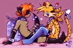 accessory anthro bell chain clothed clothing collar crossdressing duo femboy furgonomics heart_symbol legwear male male/male tail tail_accessory tail_bell thigh_highs cyn. dameeji milo_redworth cheetah felid feline herpestid mammal meerkat digital_media_(artwork) shaded