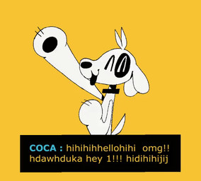 ambiguous_gender anthro black_body black_collar black_fur black_nose black_pawpads black_text_box blue_text collar collar_only eye_spot eyes_closed floppy_ears fur gesture happy head_tuft multicolored_body multicolored_fur nude open_mouth open_smile pawpads simple_background smile solo standing tail tail_motion tailwag text text_box tuft waving waving_at_viewer white_body white_fur yellow_background yellow_text cocadope coca_(cocadope) canid canine canis domestic_dog mammal 2024 animated english_text male_(lore)