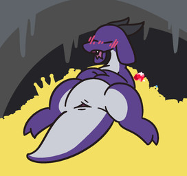 ambiguous_gender animal_genitalia belly big_belly big_ears blush blush_lines cave claws cloaca countershading feral floppy_ears gem genitals gold_(metal) horn open_mouth purple_body purple_scales scales sleeping solo tail tongue tongue_out wide_hips gandergeist mythology dragon mythological_creature mythological_scalie scalie aliasing digital_media_(artwork)