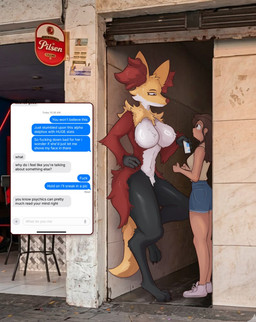 anthro big_breasts blush breasts clothed clothed_female clothed_human clothing digitigrade duo female female/female female_anthro female_human female_on_anthro female_on_human hand_on_hip human_on_anthro interspecies larger_anthro light_body light_skin nude nude_anthro nude_female phone_screen photo_background size_difference smaller_human texting trmk2 a_chance_encounter nintendo pokemon canid canine delphox generation_6_pokemon human mammal pokemon_(species) hi_res meme mixed_media photography_(artwork)